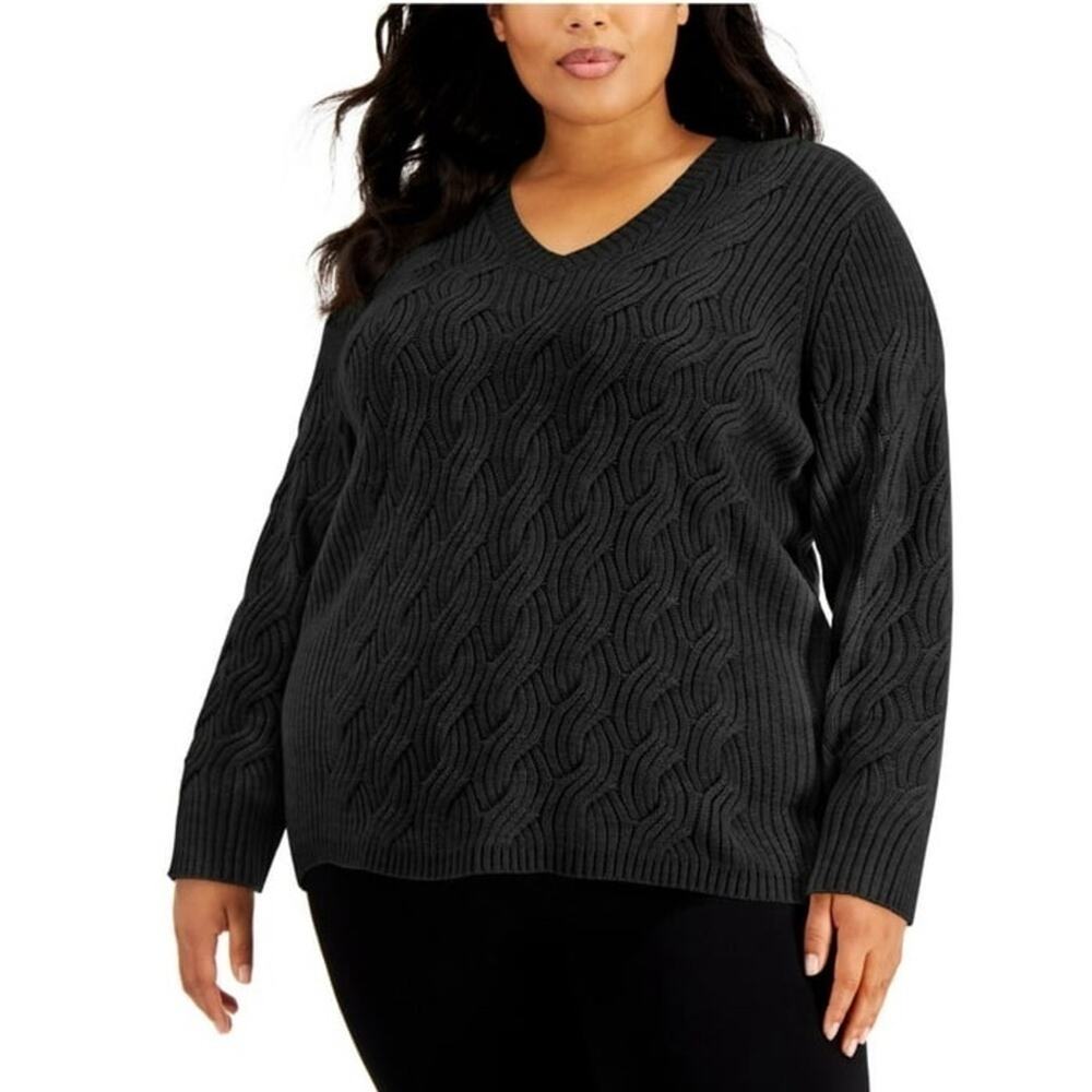 CALVIN KLEIN Plus Size Black Cable Knit V Neck Sweater Classic Pullover NWT 1X